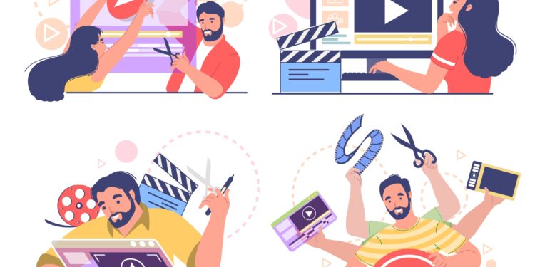 Motion designer, animator, male and female cartoon character set, flat vector illustration. People creating computer animation or animated video. Animation and motion graphic studio professionals.
