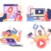 Motion designer, animator, male and female cartoon character set, flat vector illustration. People creating computer animation or animated video. Animation and motion graphic studio professionals.