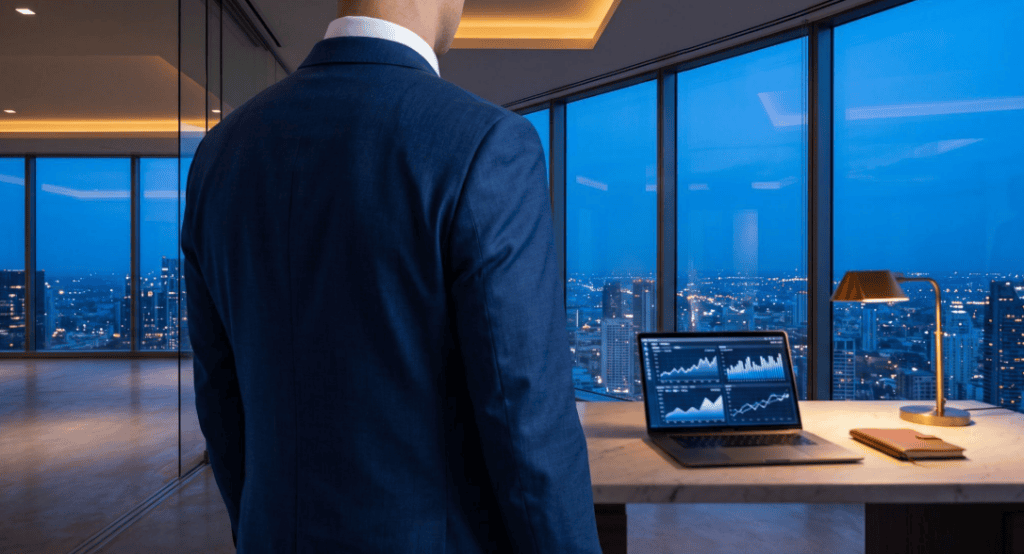 An investor in a high-rise office at blue hour reviewing multi-market data against a glowing city skyline, representing strategic platform decision-making in a volatile investment environment