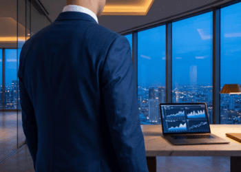 An investor in a high-rise office at blue hour reviewing multi-market data against a glowing city skyline, representing strategic platform decision-making in a volatile investment environment