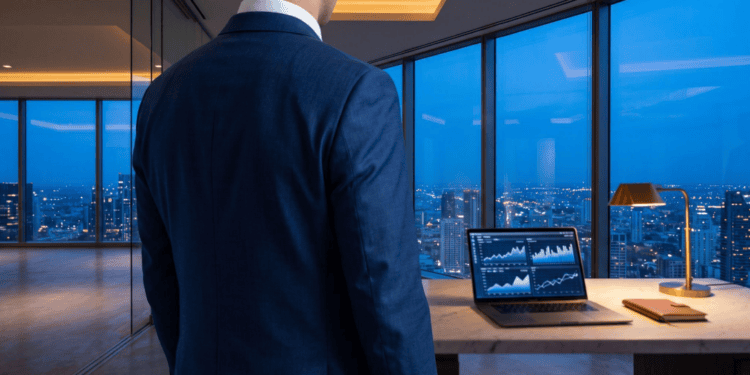 An investor in a high-rise office at blue hour reviewing multi-market data against a glowing city skyline, representing strategic platform decision-making in a volatile investment environment