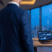 An investor in a high-rise office at blue hour reviewing multi-market data against a glowing city skyline, representing strategic platform decision-making in a volatile investment environment
