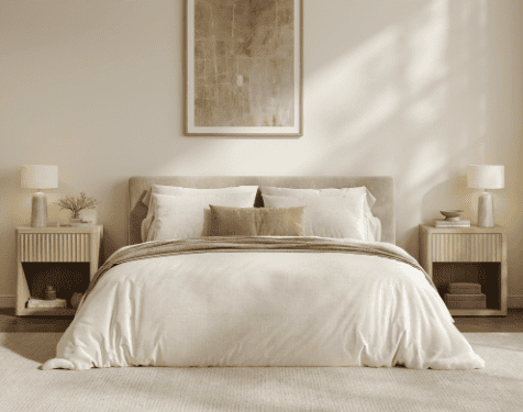 The bed is the focal point, but the piece beside it decides whether the corner reads as intentional — or unfinished.