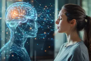 Future brain-computer interface technology supporting AI-driven cognitive enhancement and longevity research.