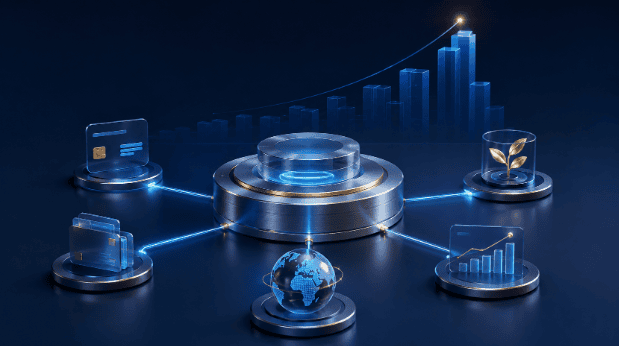 Financial infrastructure connecting payments, global transactions, analytics, and scalable digital business growth.