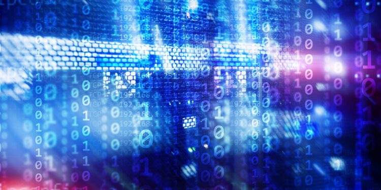 Binary code matrix digital internet technology concept on server room background