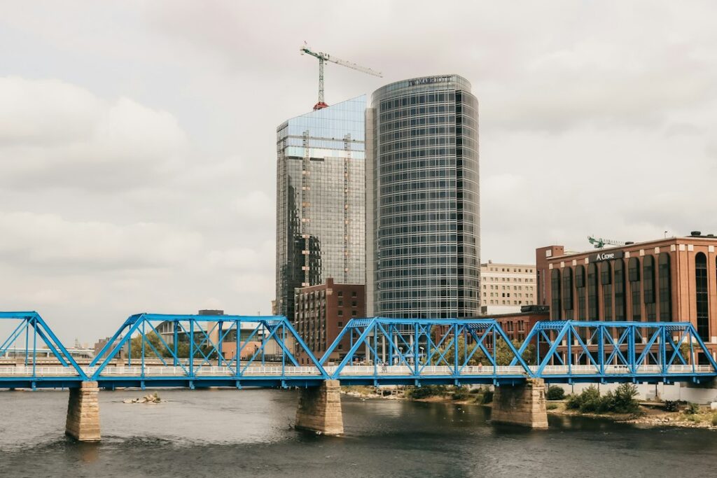 The Blue Bridge over the Grand River in Grand Rapids, Michigan; illustrative city photograph