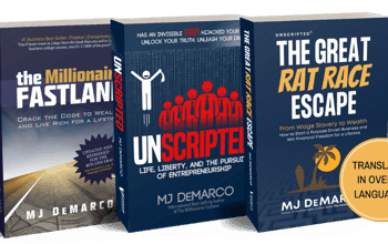 MJ DeMarco pictured beside his books, including The Millionaire Fastlane