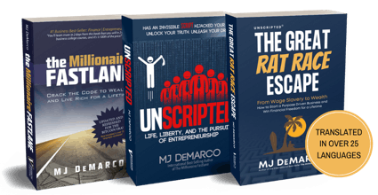MJ DeMarco pictured beside his books, including The Millionaire Fastlane