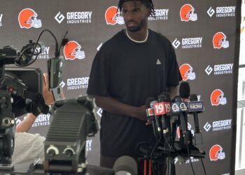 Shedeur Sanders wearing Browns practice uniform at 2025 training camp