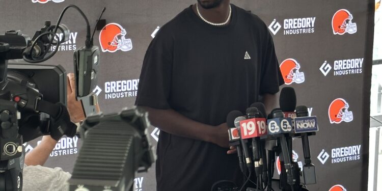 Shedeur Sanders wearing Browns practice uniform at 2025 training camp