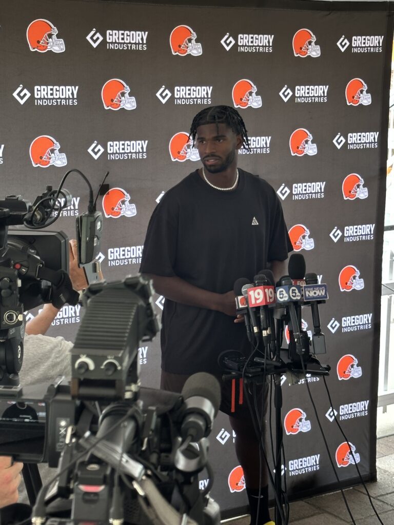 Shedeur Sanders wearing Browns practice uniform at 2025 training camp