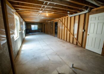 Unfinished basement interior, illustrative image by Real Twin Photos; no visible flood damage