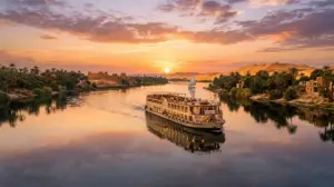 Luxury Nile cruise boat sailing at sunset near Luxor, Egypt