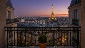 Paris rooftops and a glowing Eiffel Tower at dusk, France