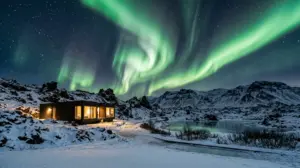 Green northern lights above a snowy Icelandic countryside and a small boutique hotel