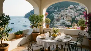 Luxury villa terrace overlooking the Amalfi Coast and Mediterranean Sea, Italy