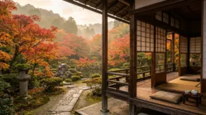 Traditional ryokan with a garden of red maple leaves in Kyoto, Japan
