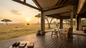 Luxury safari lodge deck overlooking the savanna at golden hour, South Africa